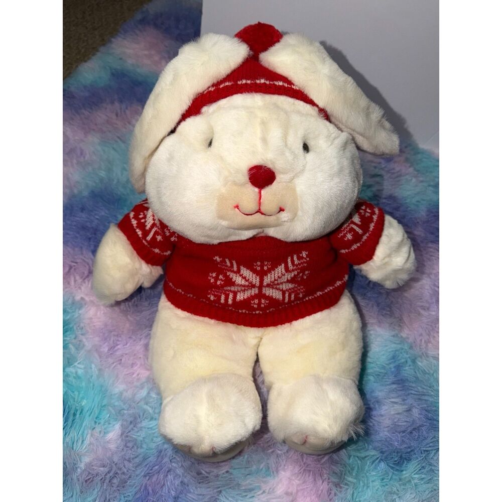Vintage 1987 Mervyn's Christmas Bunny Rabbit Plush 16" Red Snowflake Sweater